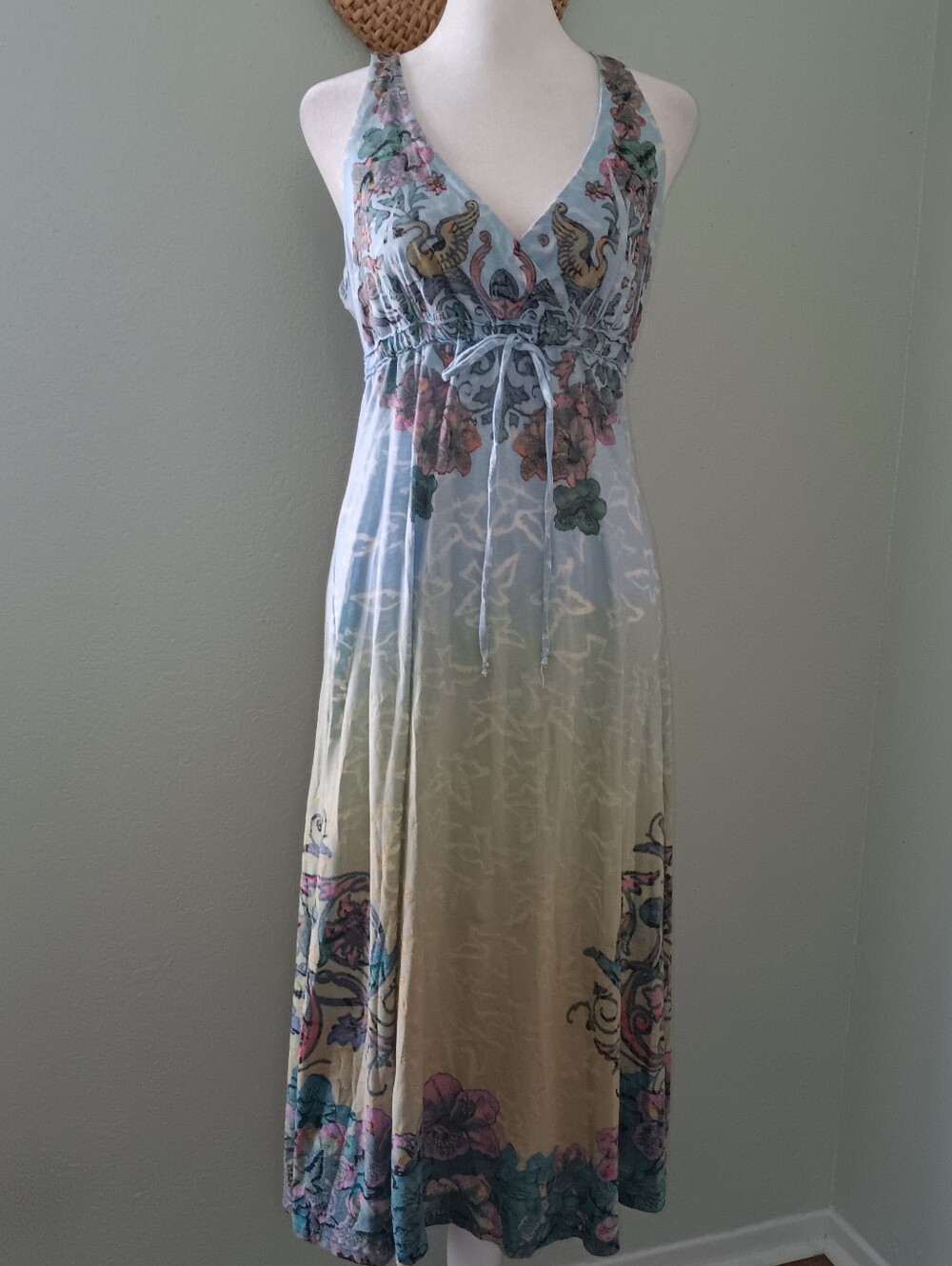 Light Blue and Cream Floral Halter Midi Dress with Tie Waist